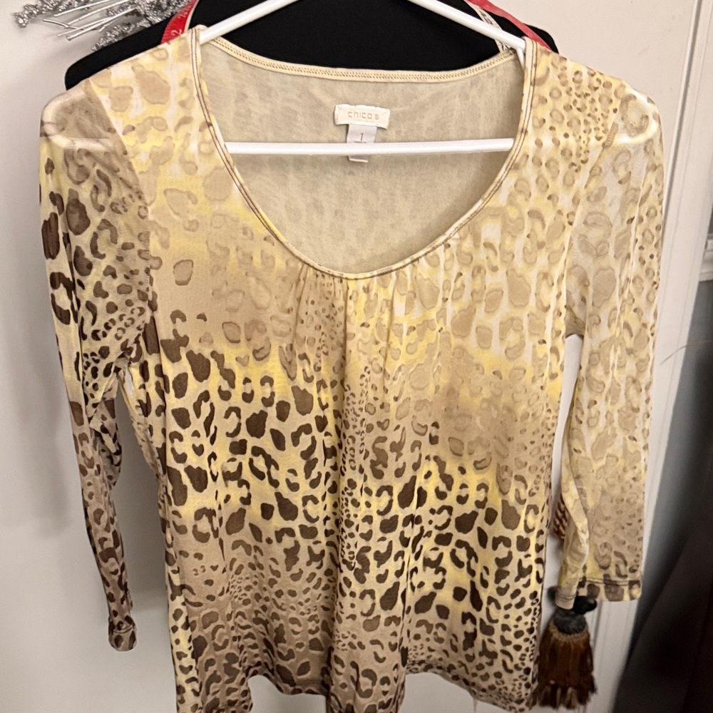 Chico's Gold and Tan Leopard-Print Long Sleeve Scoop Neck Top